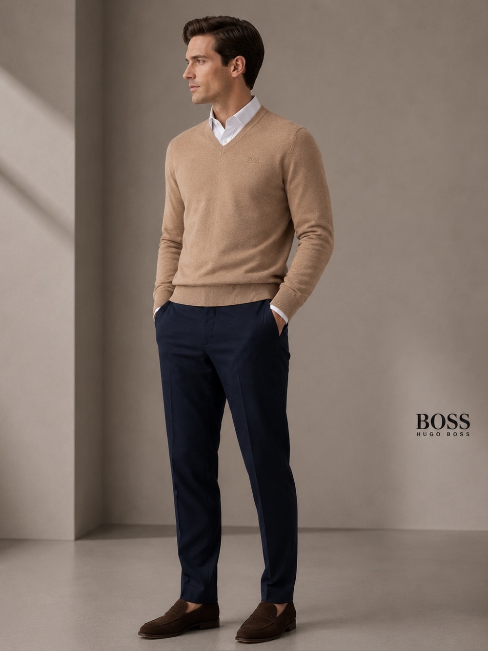 Hugo Boss Men’s V-Neck Wool Blend Camel Beige Sweater Size S Regular Fit
